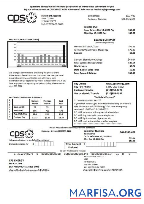 Downloadable USA Texas CPS utility bill template in Word and PDF format